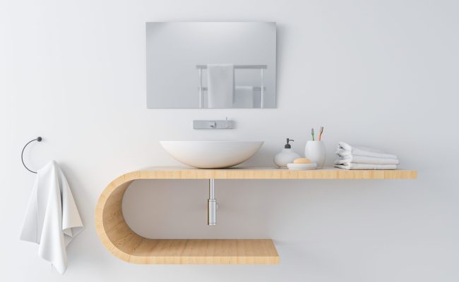 White,Basin,On,Wooden,Shelf,And,Mirror,On,Wall,,3d