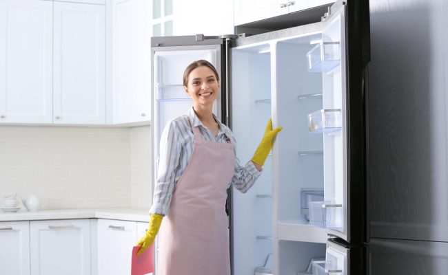 Woman,With,Rag,Near,Clean,Refrigerator,At,Home