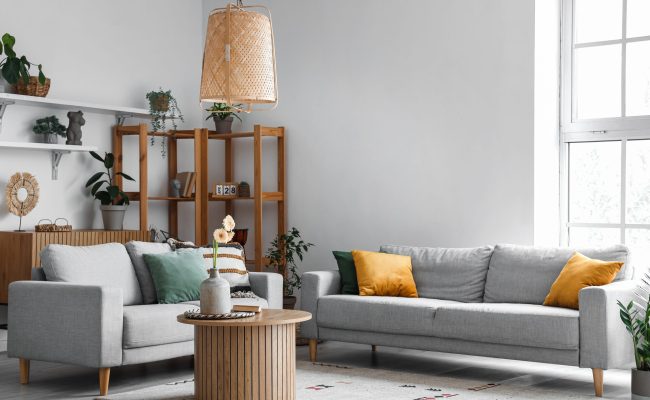 Interior,Of,Light,Living,Room,With,Grey,Sofas,,Wooden,Coffee