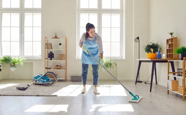 Young,Maid,The,Mopping,Floor,With,A,Mop,At,Home.