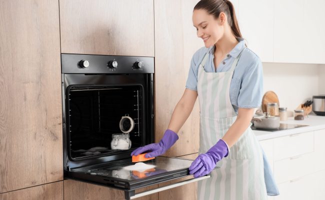 Young,Woman,With,Soda,And,Sponge,Cleaning,Oven,In,Kitchen