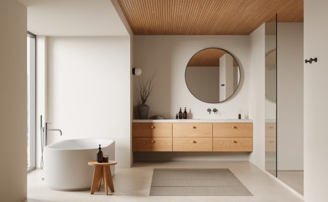 Minimalist,Bathroom,Interior,With,Wood,Accents,,Round,Mirror,,And,Freestanding